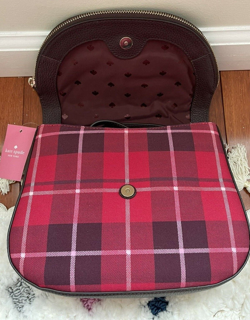 Buy the Kate Spade Leila Plaid Medium Flap Shoulder Bag in Red Fabric &  Leather | GoodwillFinds